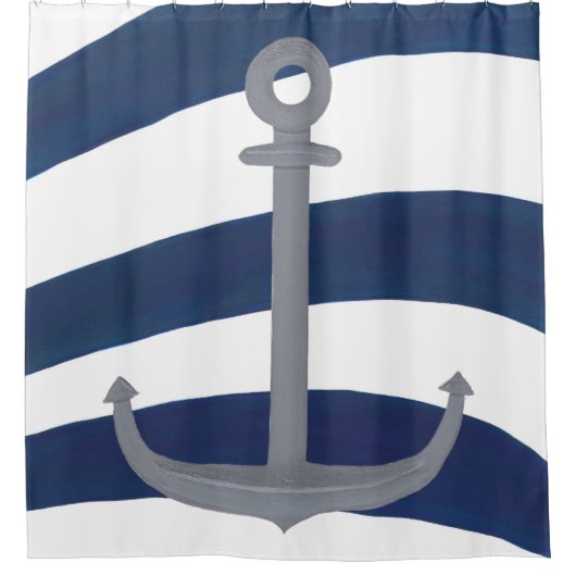 Grauer Nautikanker Kurven Blau und Weiße Streifen Duschvorhang (Vorderseite)