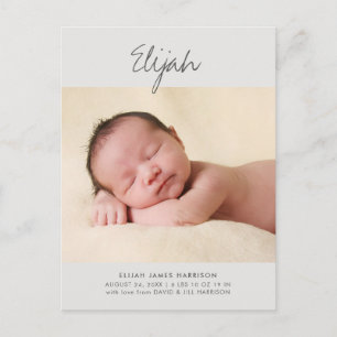 Grauer Niedlicher Script Name 1-Foto Baby Ankündig Postkarte