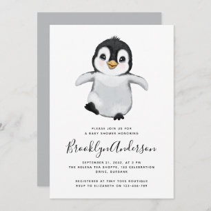 Grauer Pinguin-Baby-Party Einladung
