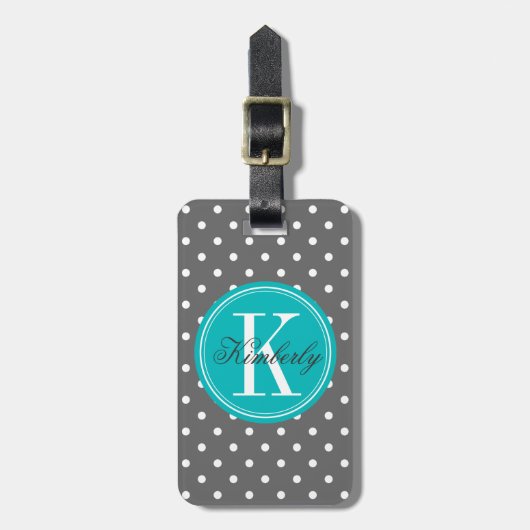 Grauer Polka-Dot mit Aquamariner Monogramm Gepäckanhänger (Vorderseite vertikal)