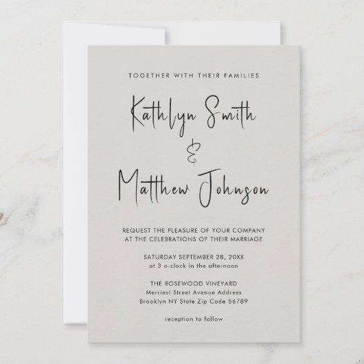 Grauer QR-Code in einer modernen Script Chic Hochz Einladung (Vorderseite)