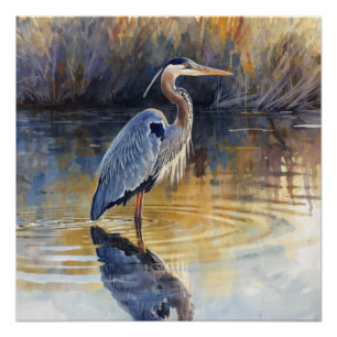 Grauer Reiher Fluss Aquarelle Poster