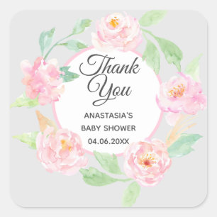 Grauer & rosa floraler Kranz Danke Baby Shower Quadratischer Aufkleber