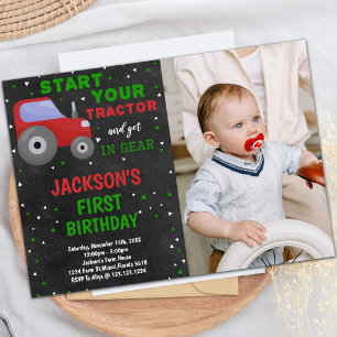 Grauer Roter Traktor Geburtstagseinladungen mit Fo Einladung