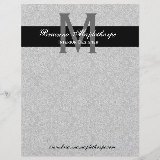 Grauer Schwarz-weißer Damast-Monogramm-Briefkopf Briefbogen (Vorderseite)