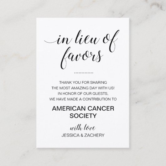 Grauer schwarzer Lieu der Lieblings-Wohltätigkeit Platzkarte (Vorderseite)