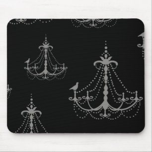 grauer Silberkronleuchter Damast auf Schwarz Mousepad