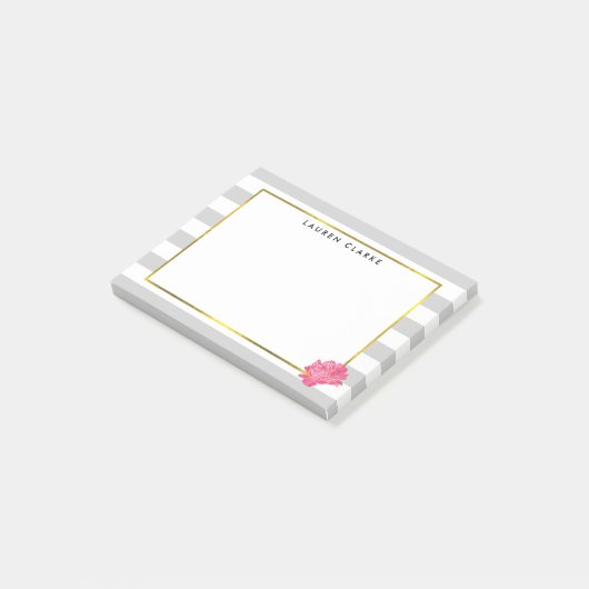 Grauer Streifen und rosa Peony Post-it Klebezettel (angewinkelt)