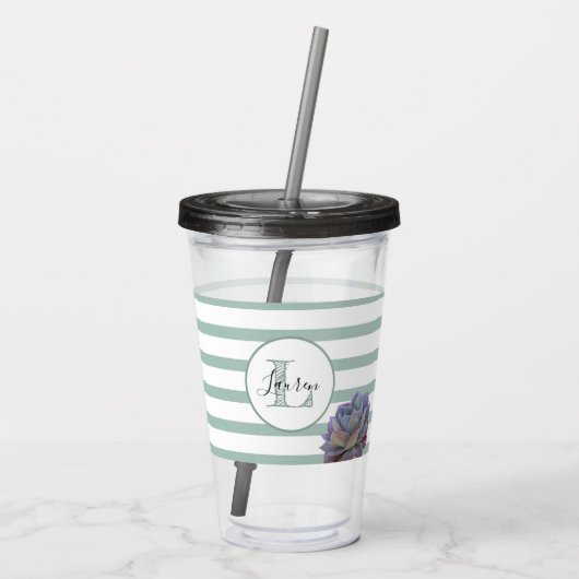 Grauer Streifen und Sukkulärer Mit Monogramm Perso Acryltrinkbecher (Rückseite)