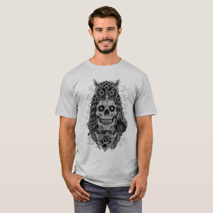 Grauer Totenkopf-Eulen-Tattoo-Rose T-Shirt