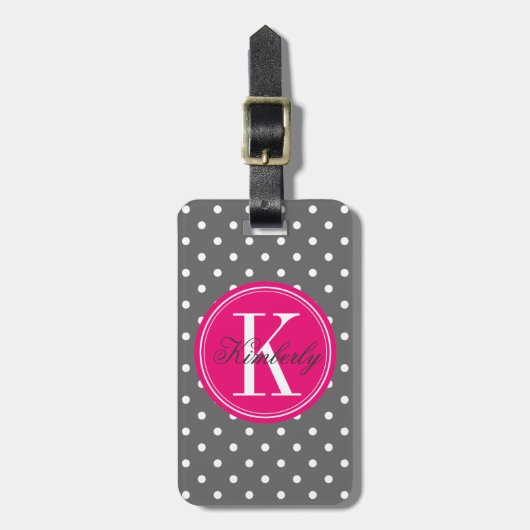 Grauer Tupfen mit rosa Monogramm Gepäckanhänger (Vorderseite vertikal)
