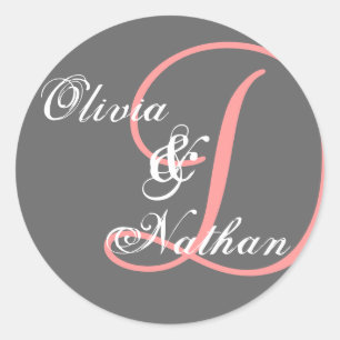 GRAUER u. ROSA Hochzeits-Monogramm-Aufkleber Runder Aufkleber
