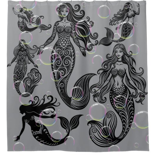 Grauer und schwarzer Meerjungfrau Duschvorhang (Vorderseite)
