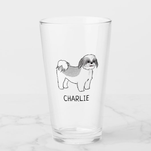 Grauer und weißer Cartoon-Hund Shih Tzu Glas (Vorderseite)