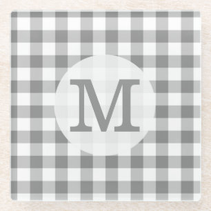 Grauer und weißer Gingham-Karo Mit Monogramm Glasuntersetzer