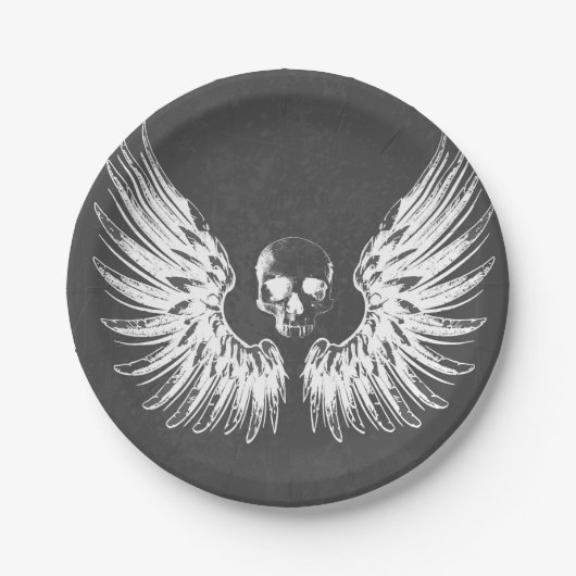 Grauer und weißer Rock Angel Wings Skull Pappteller (Vorderseite)