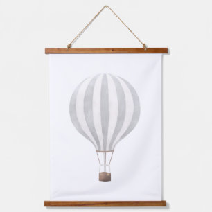 Grauer Wasserfarben-Heißluftballon im Vintage-Stil Wandteppich Mit Holzrahmen