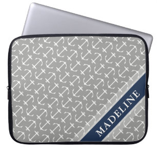 Grauer weißer Anchor-Muster Navy Name Laptopschutzhülle