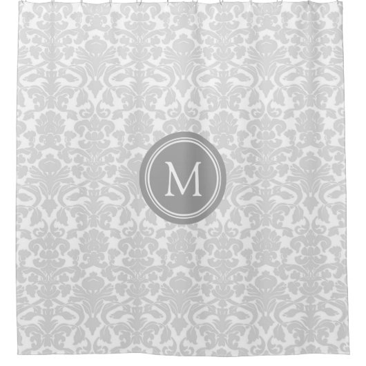 Grauer weißer Damask Monogramm-Duschvorhang Duschvorhang (Vorderseite)