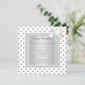 Grauer Weißer Gingham Babydusche Single Storch Einladung (Stehend Vorderseite)