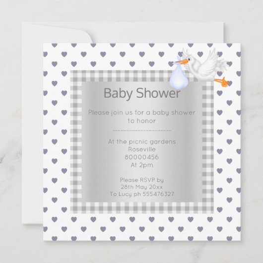 Grauer Weißer Gingham Babydusche Single Storch Einladung (Vorderseite)