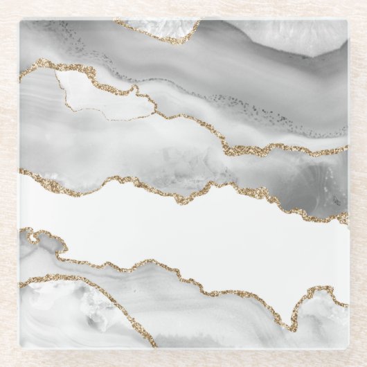 Grauer weißer Marmor Agate Raffinierter Goldener G Glasuntersetzer (Vorderseite)
