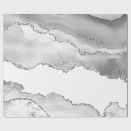 Grauer weißer Marmor Agate Simple Silver Glitzer Geschenkpapier (Flach)