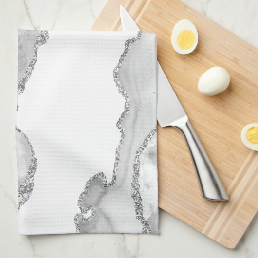 Grauer weißer Marmor Agate Simple Silver Glitzer Geschirrtuch (Viertel Falte)