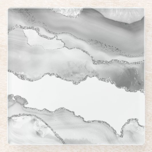 Grauer weißer Marmor Agate Simple Silver Glitzer Glasuntersetzer (Vorderseite)