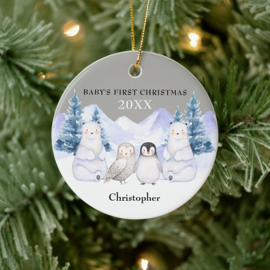 Grauer Winter Woodland Animal Baby's First Christm Keramik Ornament (Baum)