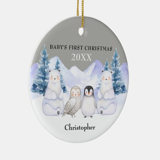 Grauer Winter Woodland Animal Baby's First Christm Keramik Ornament (Rechts)
