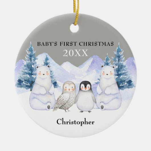 Grauer Winter Woodland Animal Baby's First Christm Keramik Ornament (Vorne)