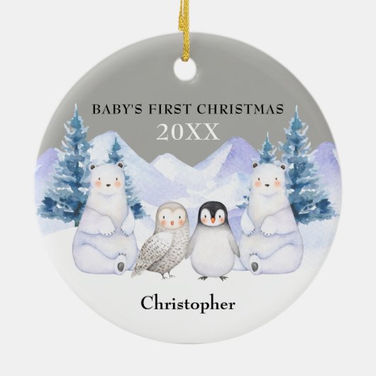 Grauer Winter Woodland Animal Baby's First Christm Keramik Ornament (Hinten)