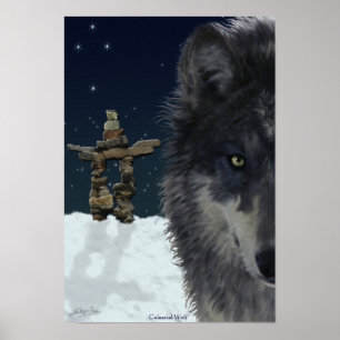 Grauer Wolf, arktischer Inukshuk & Stars Art Poste Poster
