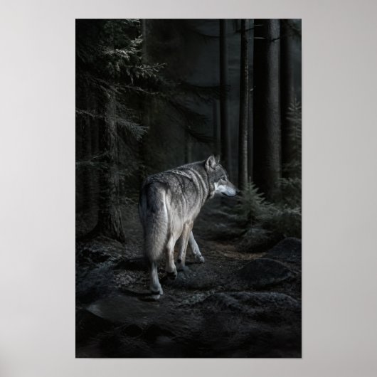 Grauer Wolf, der durch einen dunklen Wald geht, Wi Poster (Vorne)