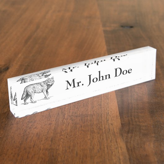 Grauer Wolf Elegante Tinte Zeichnend Namensplakette (Seite)