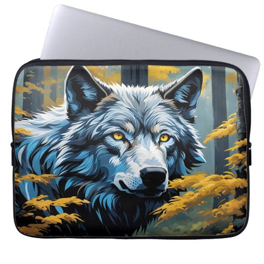 Grauer Wolf im Goldenen Wald Laptopschutzhülle (Vorderseite)