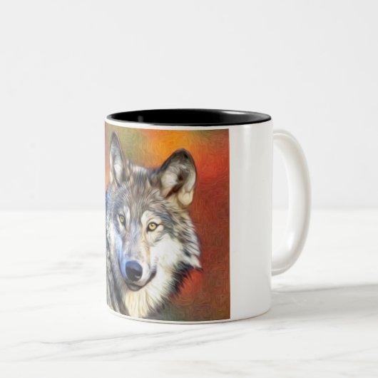 Grauer Wolf-Kunst-Malerei Zweifarbige Tasse (VorderseiteRechts)
