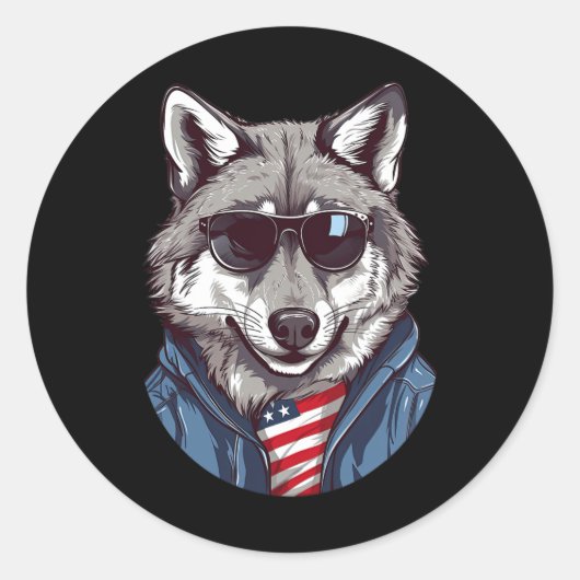 Grauer Wolf mit Patriotic-US-Flagge American Indep Runder Aufkleber (Vorderseite)