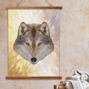 Grauer Wolf Moderne Abstrakte Polygonal Kunst Tier Wandteppich Mit Holzrahmen