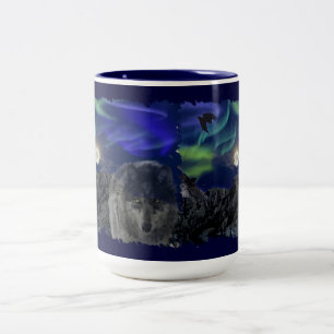 Grauer Wolf, Ravens & Aurora & Totem Wildtiere Tas Zweifarbige Tasse