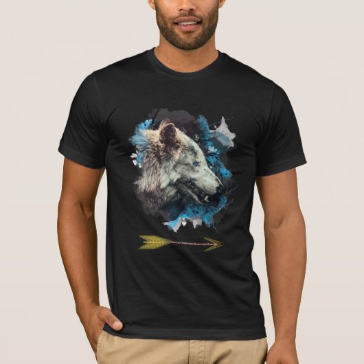 *~* Grauer Wolf Totem Blaues Gemälde Boho T-Shirt (Vorderseite)