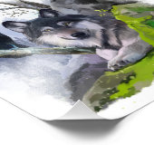 Grauer Wolf und schwarzer Rabe auf den Felsen Fotodruck (Ecke)