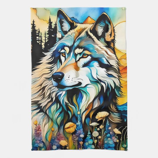 Grauer Wolf und Wildblumen Geschirrtuch (Vertikal)