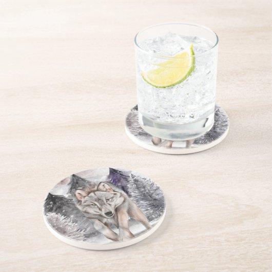 Grauer Wolf Watercolor Winterwald Untersetzer (Seite)