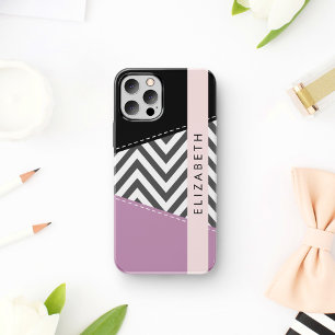 Grauer Zickzack, Grauer Chevron, Lila, Dein Name iPhone 16 Hülle