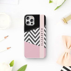 Grauer Zickzack, Grauer Chevron, Rosa, Dein Name iPhone 16 Hülle