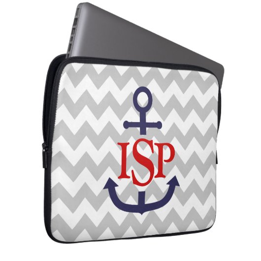 Grauer Zickzack Monogramm-Anker Laptopschutzhülle (Vorne Rechts)