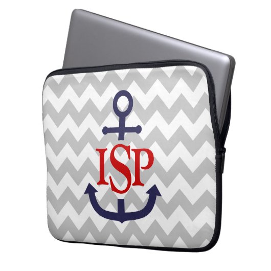 Grauer Zickzack Monogramm-Anker Laptopschutzhülle (Vorderseite Links)
