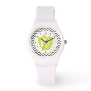 Grauer Zickzack und Neonapple-Monogramm-Lehrer Armbanduhr